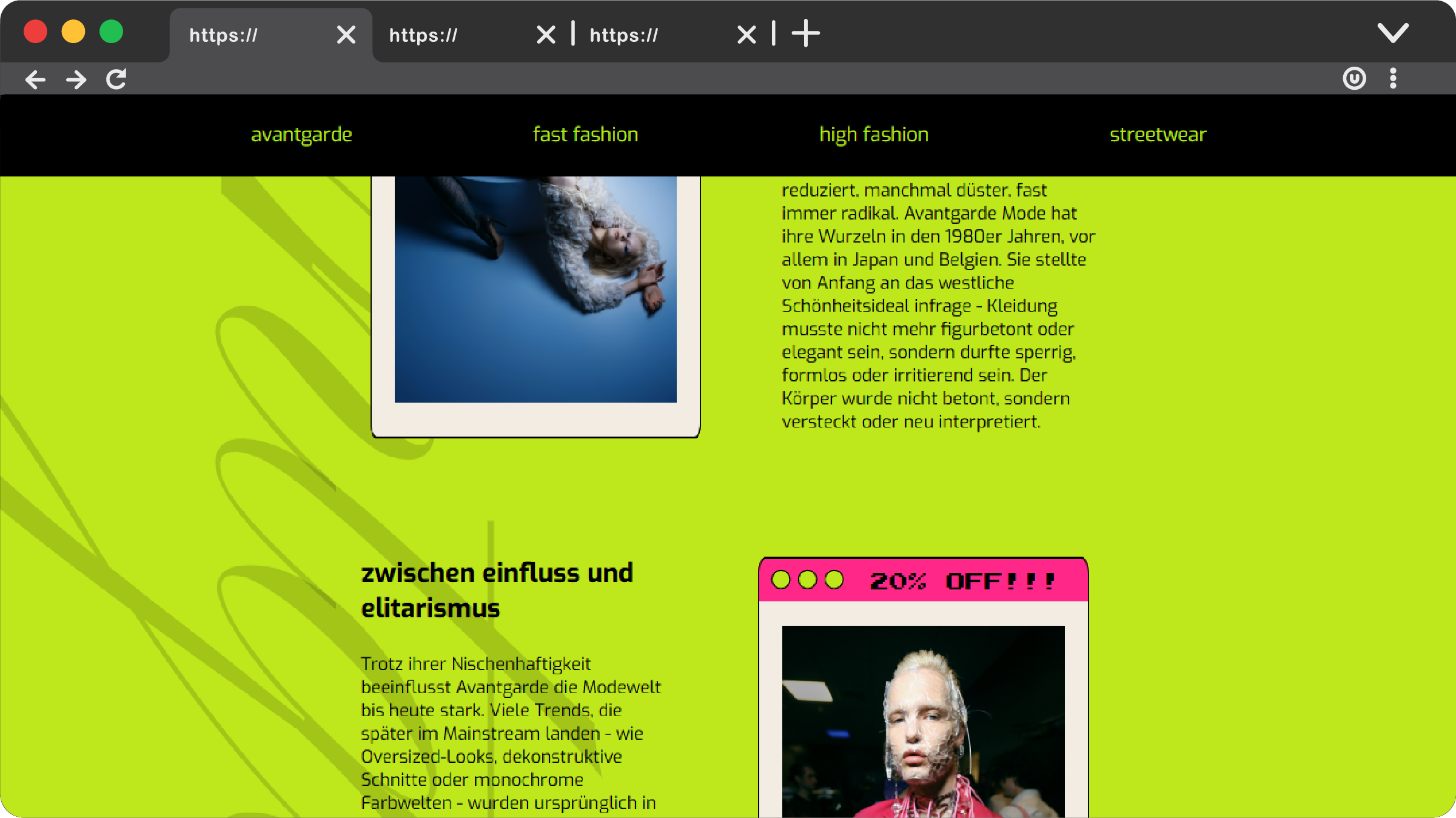 Desktop view of a fashion website section discussing avant-garde fashion. The layout includes bright green background, fashion photography, and descriptive text about the movement's impact and roots in Japanese and Belgian design culture.